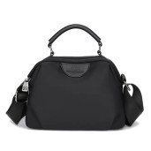 New Portable Nylon Cloth with Cowhide Shoulder Bag(Black)